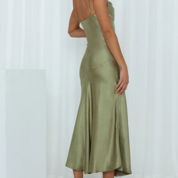 A Little Whisper Satin Midi Dress Olive - Picture 5 of 9